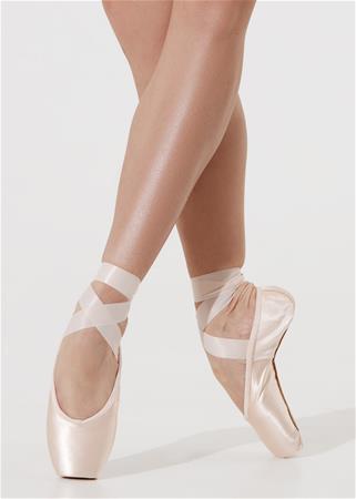 Pink pointe shoes with front and side view