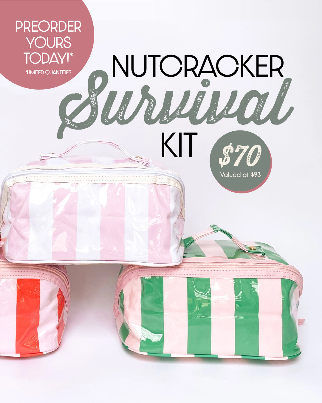 NUTORACKER Survival Kit with pink and green striped bags on a white background