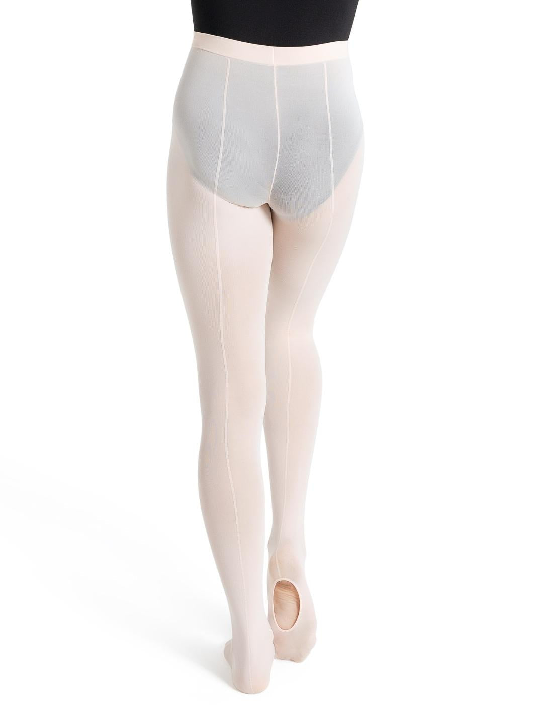 Covertible tights shown on an adult with a black leotard underneath